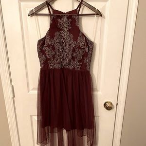 Maroon Halter Mesh Cutout & Glitter Dress